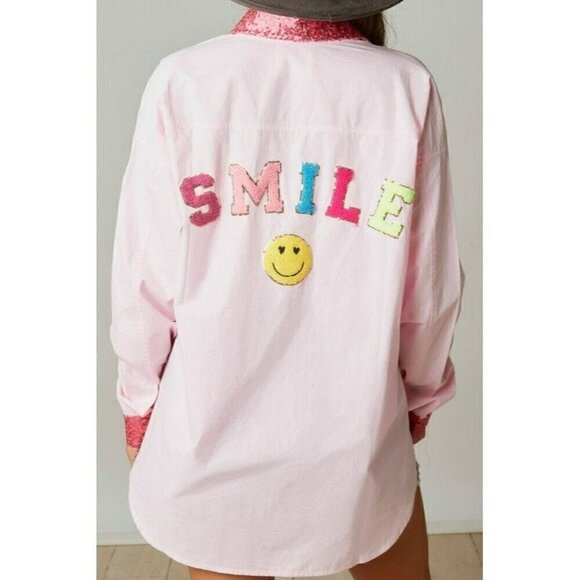 Fantastic Fawn Tops - Made My Day Smile Sequin Outline Patch Shirt in Pink